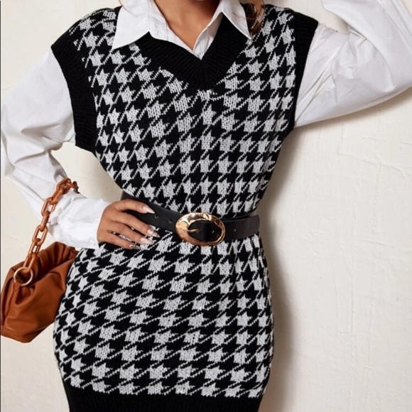 black white plaid sleeveless Houndstooth dress - Picture 1 of 6